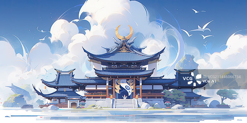 【AI数字艺术】蓝天下的中国风古建筑宫殿图片素材