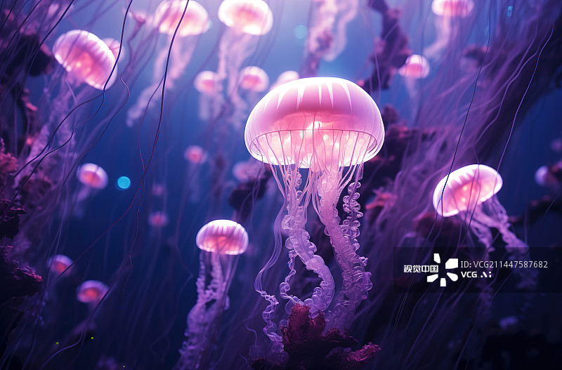 【AI数字艺术】水母在海里游泳的特写镜头图片素材