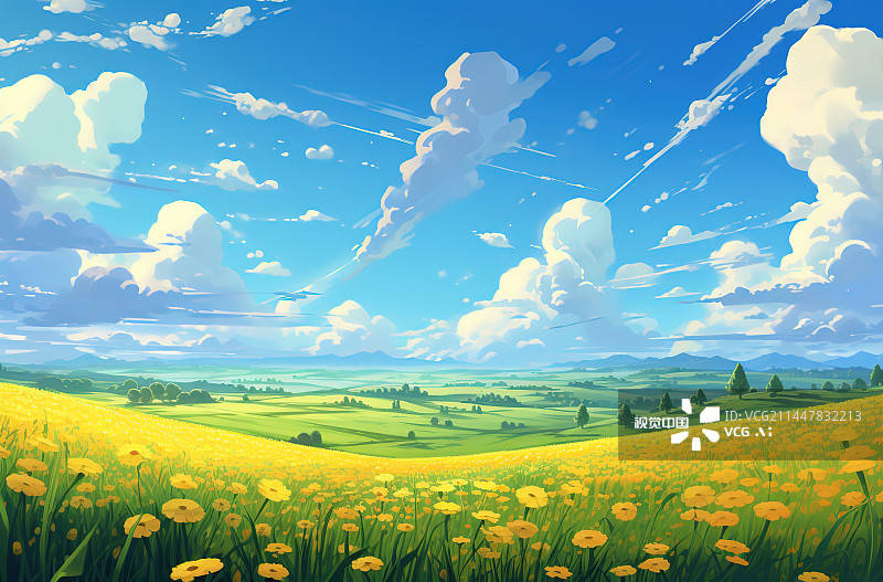 【AI数字艺术】蓝天下的田野风景图片素材