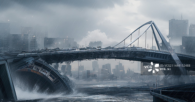 【AI数字艺术】断裂的桥梁与暴风雨，世界末日场景图片素材