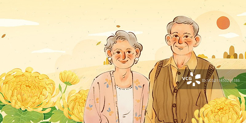 重阳节-手绘老年人夫妻插画图片素材