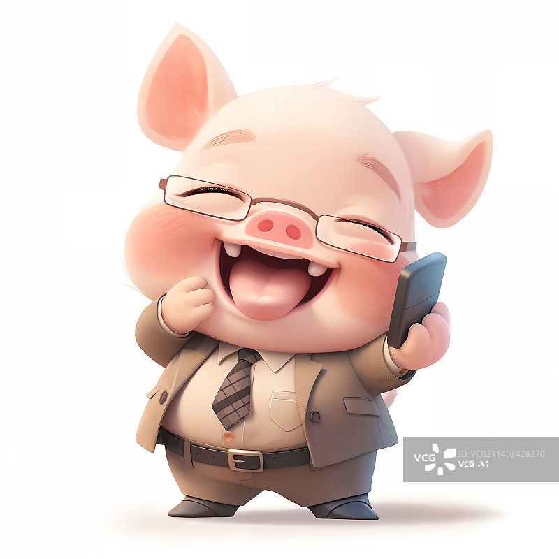 【AI数字艺术】可爱大笑的小猪穿着西装拿着手机插画图片素材