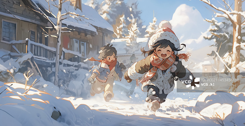 【AI数字艺术】冬天雪地里玩耍的儿童插画图片素材