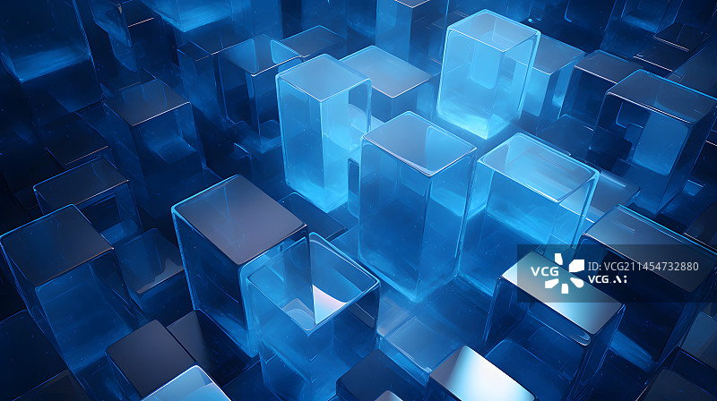【AI数字艺术】数码蓝色玻璃雕塑抽象几何图形海报网页PPT背景图片素材