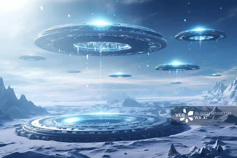 【AI数字艺术】星球冬季雪景与飞碟UFO太空船图片素材