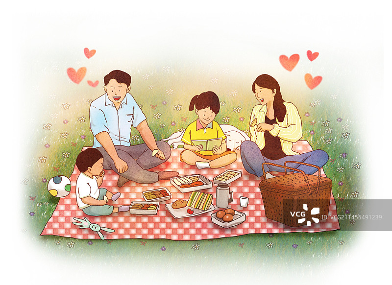 一家人带着饭盒野餐的插图图片素材