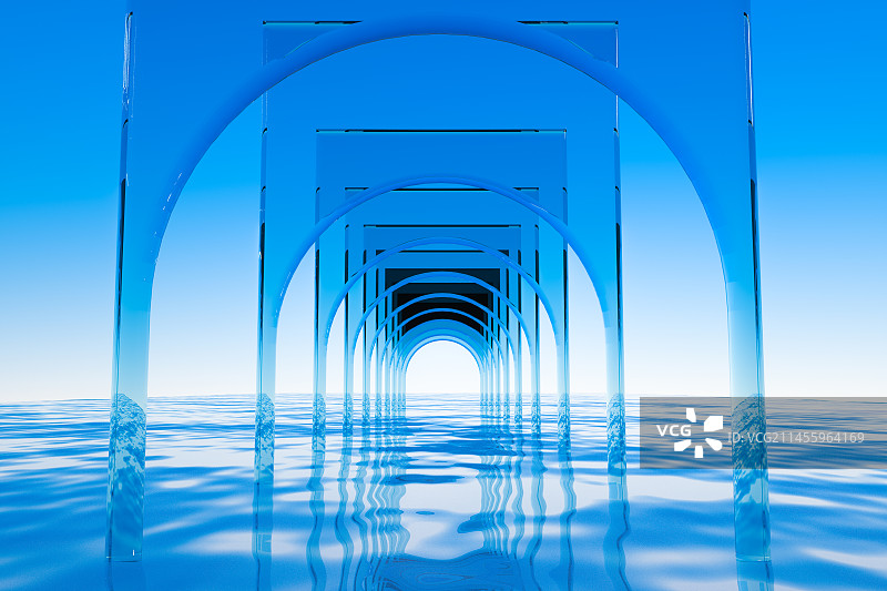 水面玻璃隧道空间背景3D渲染图片素材