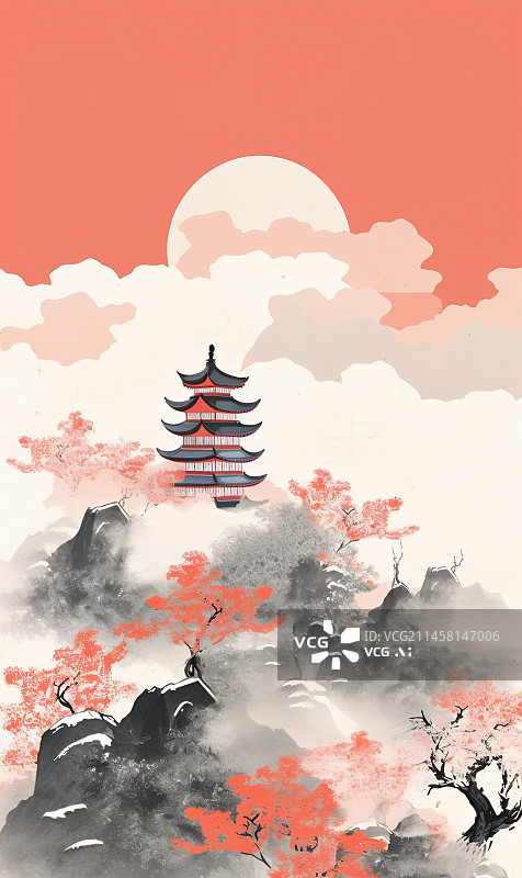 【AI数字艺术】枫树古建筑山峰云朵新中式中国风插画图片素材