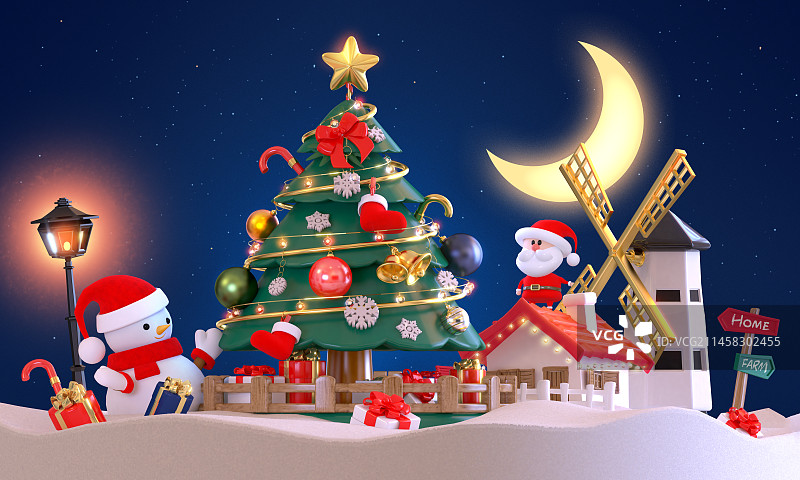 圣诞老人圣诞树雪人鹿插画图片素材