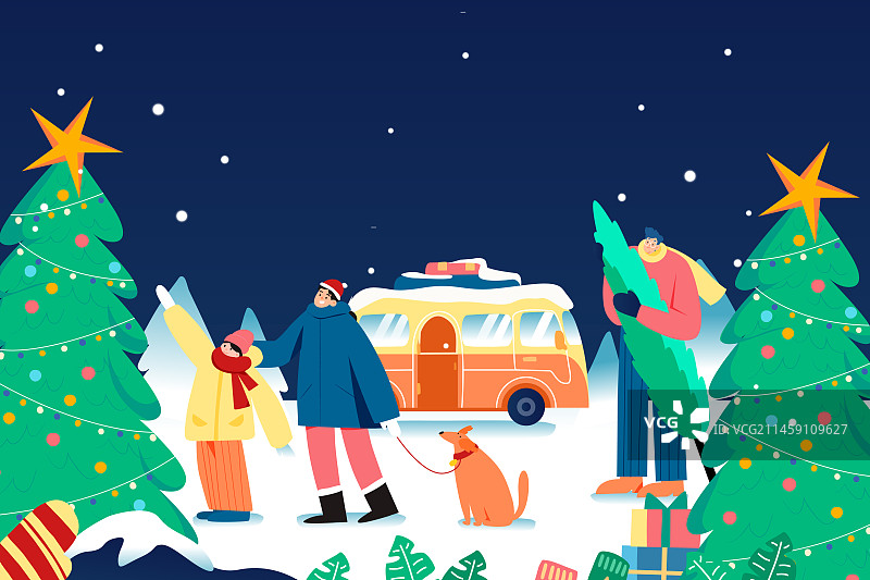 卡通冬季冬天儿童滑雪堆雪人户外圣诞节平安夜出游旅行亲子家人团聚跨年礼物吃饭聚餐庆祝交通出行矢量插画图片素材