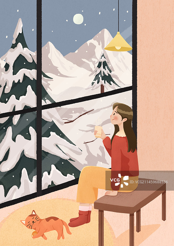 冬天女孩喝咖啡看户外雪景图片素材