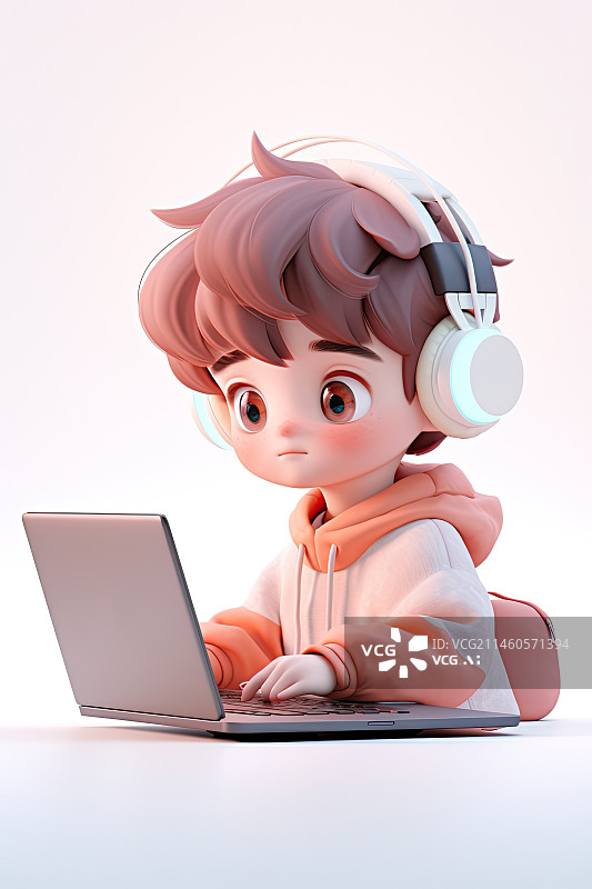 【AI数字艺术】头戴耳机正在专心使用电脑的男孩图片素材