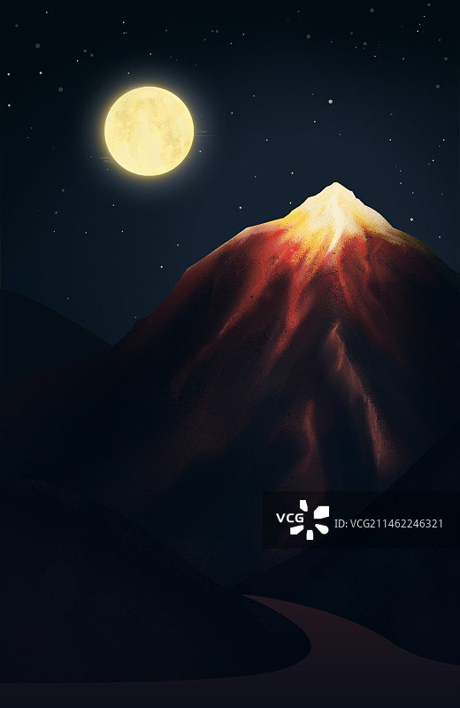 夜晚月色下的火山山脉插画图片素材