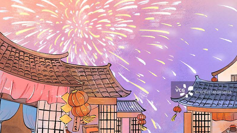 水墨古风新春春节之建筑烟花背景图片素材