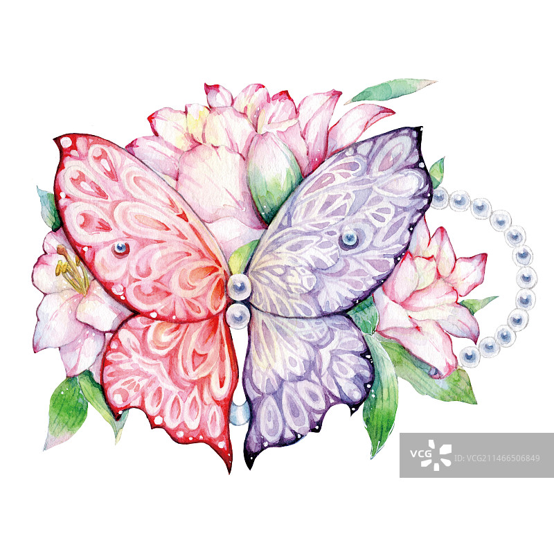 水彩手绘植物百合鲜花花朵与蝴蝶特写镜头图片素材