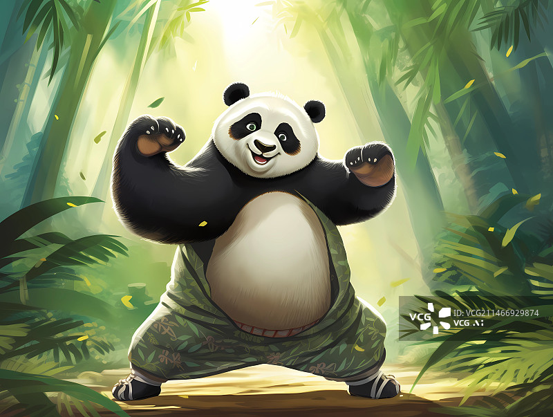 【AI数字艺术】手绘风插画——一只在竹林里打太极的熊猫图片素材