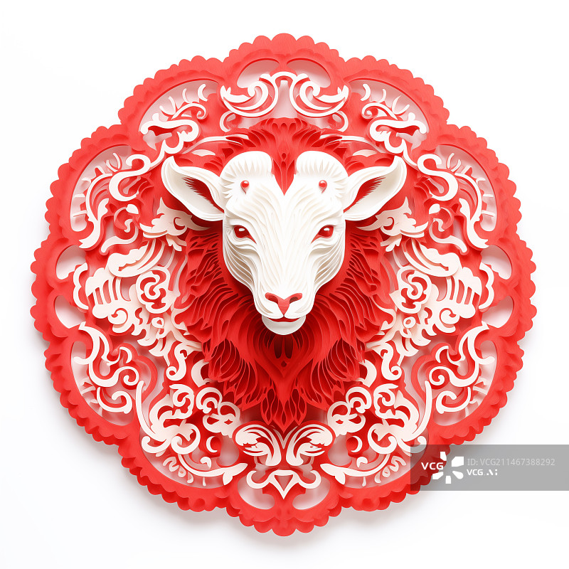 【AI数字艺术】春节窗花贴纸绵羊图案红色剪纸插画图片素材