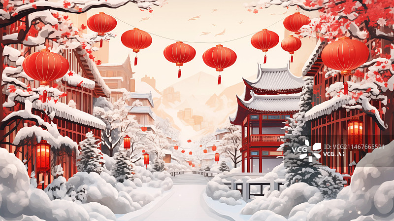 【AI数字艺术】中国风雪景建筑红色插画图片素材