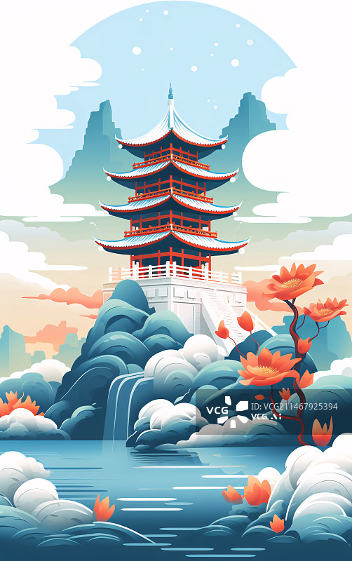 【AI数字艺术】中国风唯美古建筑手绘插画，山水建筑元素图片素材