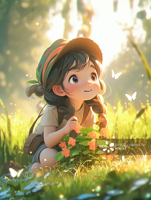 【AI数字艺术】可爱的小女孩坐在草地上图片素材