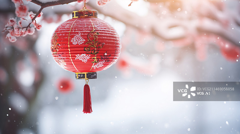 【AI数字艺术】春节雪景下的红色灯笼，中国新年概念场景插图图片素材