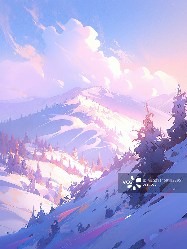 【AI数字艺术】绛紫色天空唯美雪景插画图片素材