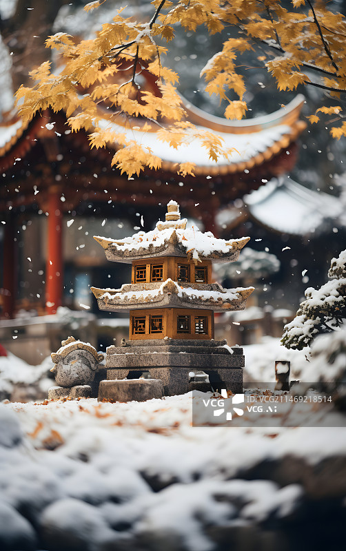 【AI数字艺术】冬季的中式园林宝塔景深特写图片素材