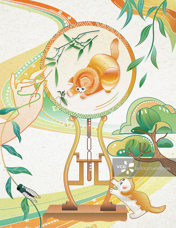 国风传统文化苏州刺绣猫手绘插画图片素材