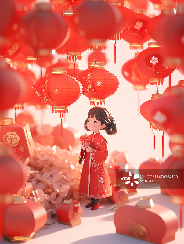 【AI数字艺术】中国红灯笼在中国新年的幸福之夜-女孩图片素材