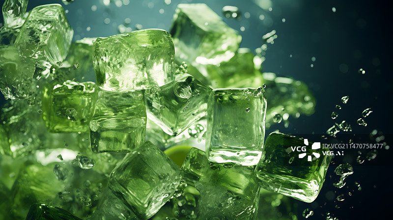 【AI数字艺术】冰块掉进水里绿色背景图片素材