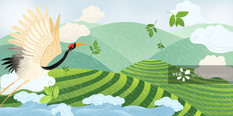 萌趣可爱的动物儿童插画 仙鹤在茶林上空飞翔图片素材