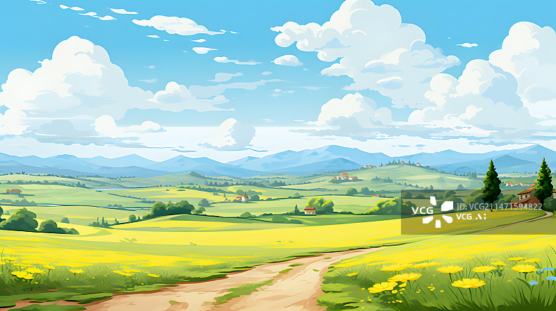 【AI数字艺术】立春节气，春天农村田野农业风景插画图片素材