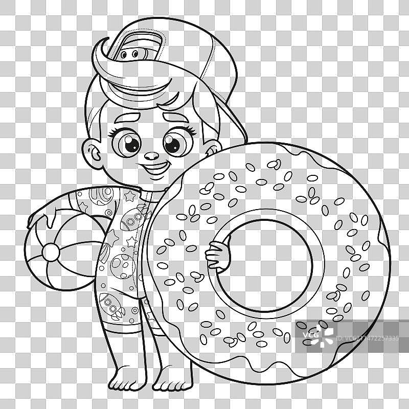 穿着泳装和甜甜圈的可爱卡通男孩图片素材