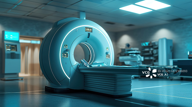 【AI数字艺术】医院的CT扫描仪室,医院放射科CT扫描仪3D渲染图片素材
