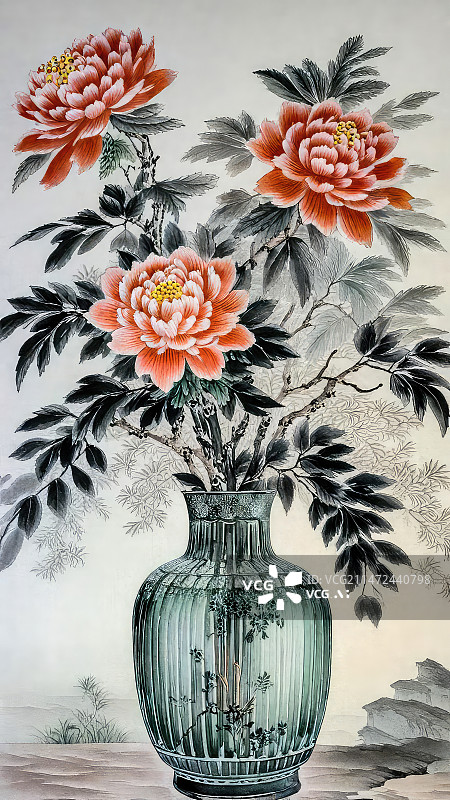 【AI数字艺术】中式花瓶和中国风山水画结合的设计图片素材