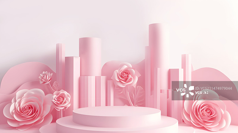 【AI数字艺术】粉色玫瑰花电子商务三维模型展台图片素材