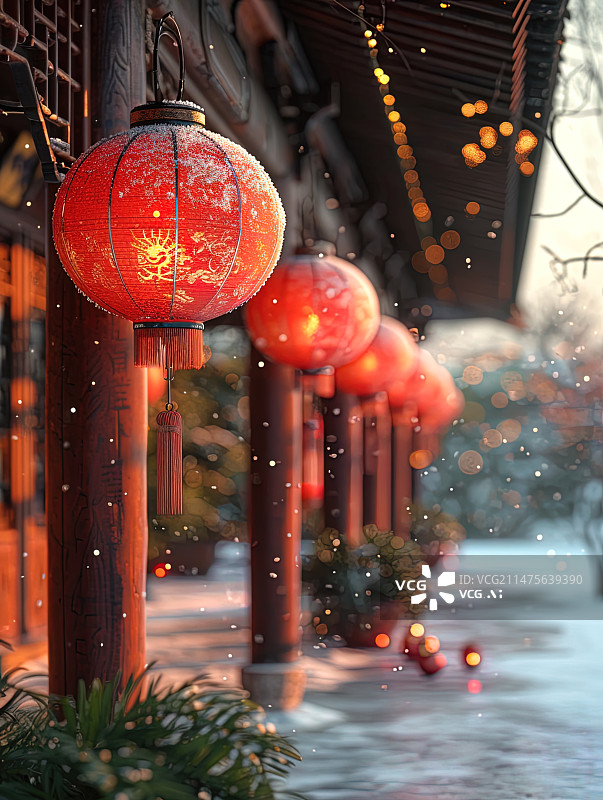 【AI数字艺术】中国灯笼 中国雪景图片素材