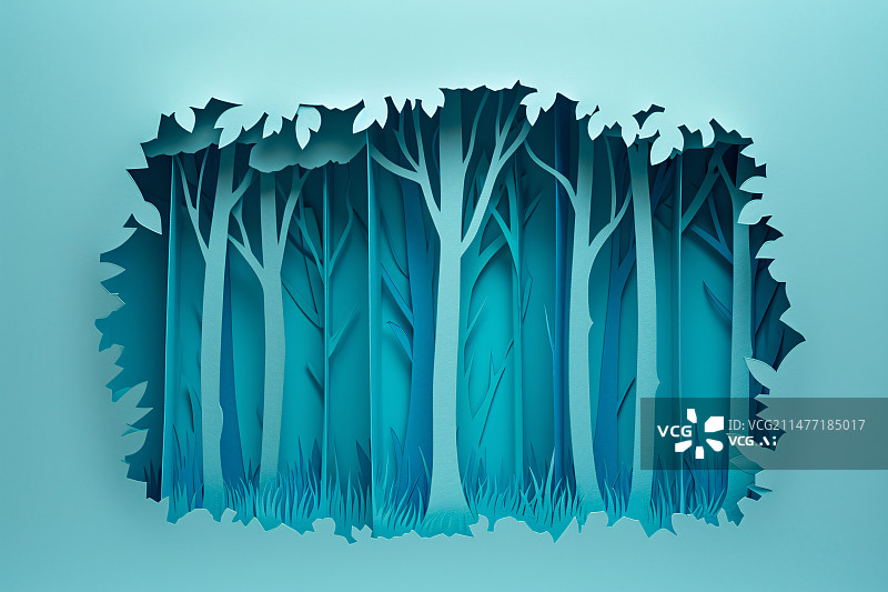 【AI数字艺术】剪纸风树木森林场景插图，绿色自然景观节气插画图片素材