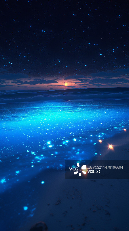 【AI数字艺术】夜晚蓝色海滩发光背景插画图片素材