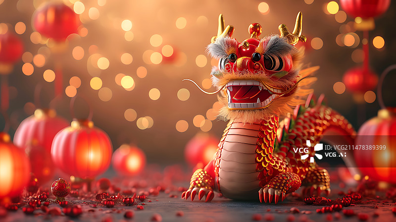 【AI数字艺术】3D中国龙灯笼春节喜庆传统节日龙年横版红色背景图图片素材
