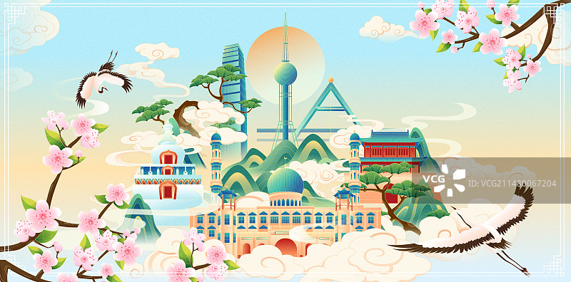 国风春天节气西宁城市地标建筑彩色矢量插画图片素材