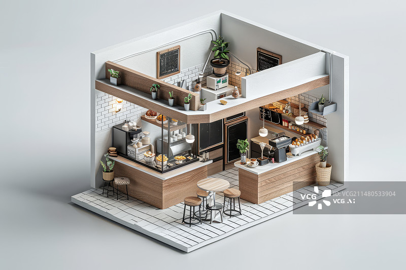 【AI数字艺术】3D微缩模型咖啡馆透明切面图片素材