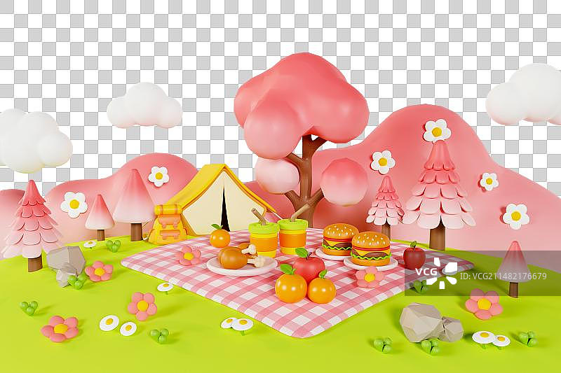 3D渲染的春天公园露营野餐郊游春游浪漫樱花场景元素图片素材