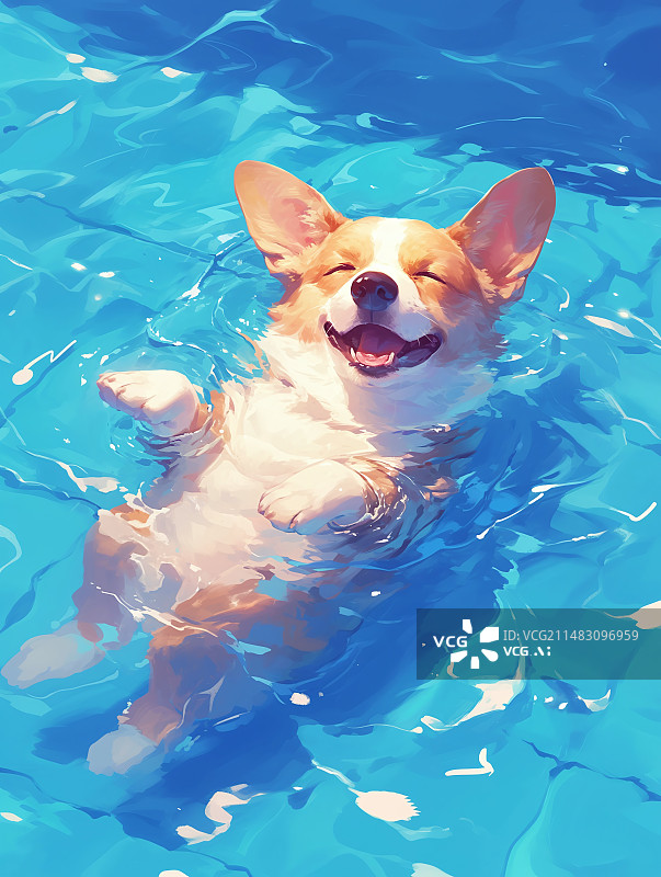 【AI数字艺术】一只可爱的柯基在泳池游泳的插画图片素材