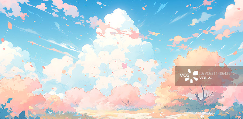 【AI数字艺术】春天唯美樱花季蓝天白云大场景插画图片素材