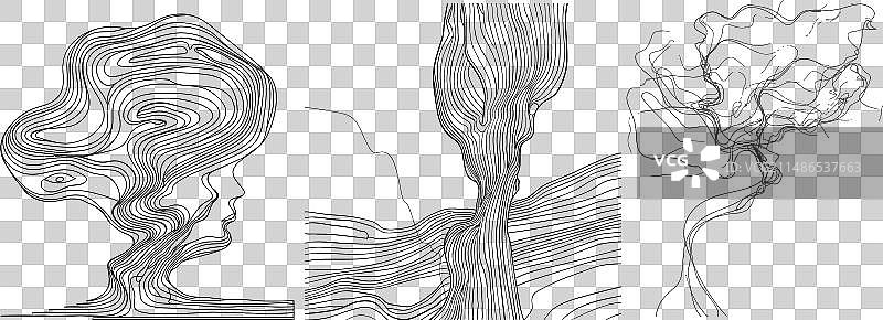 抽象树在连续线条艺术绘画风格图片素材