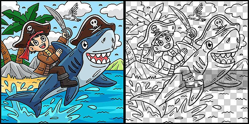 海盗和鲨鱼着色图片素材