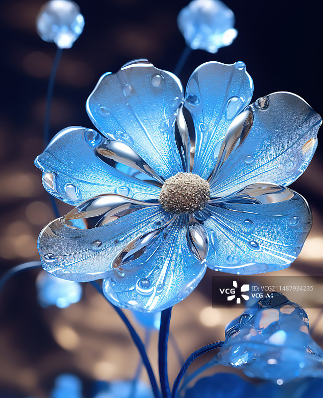 【AI数字艺术】蓝色花朵上水滴的特写镜头图片素材