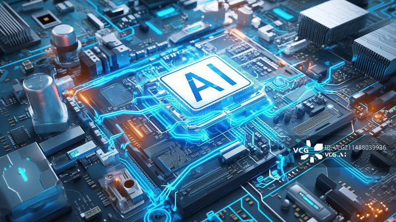 【AI数字艺术】芯片集成电路AI大模型科技感发光悬浮插画背景图片素材