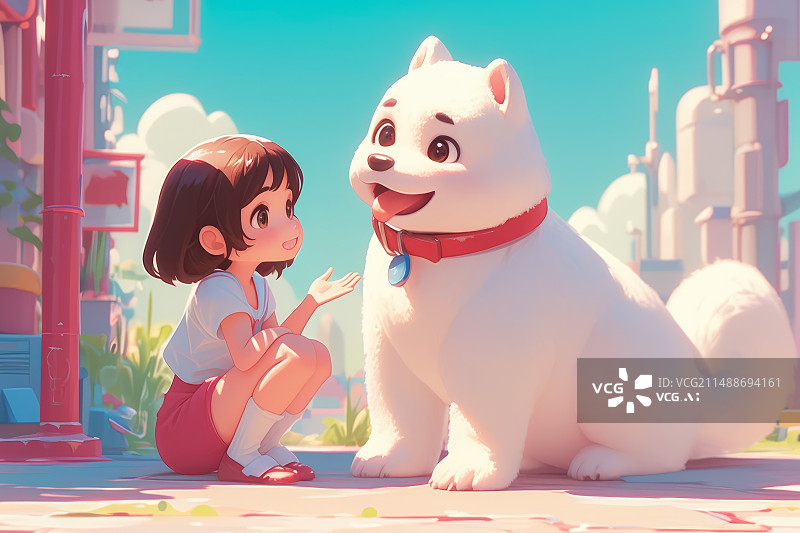 【AI数字艺术】女孩和白色大狗卡通插画图片素材